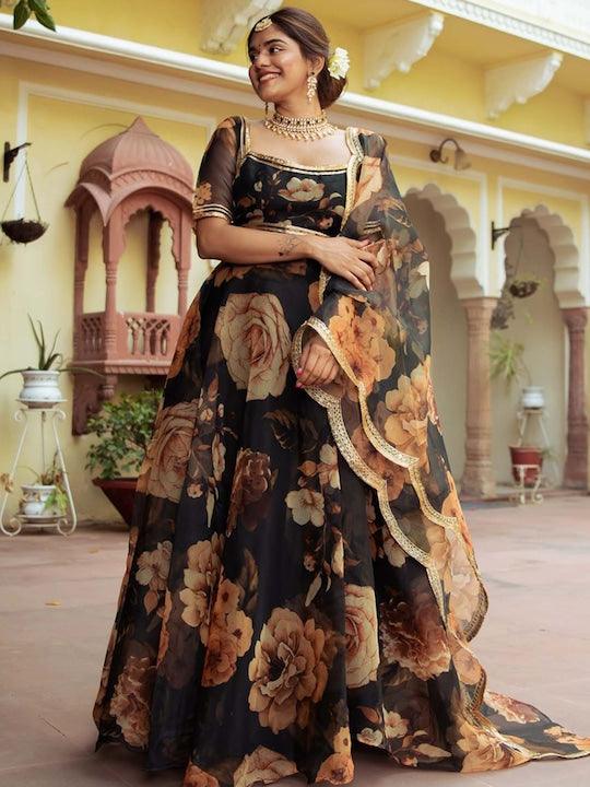 Black Organza printed Floral lehenga choli Cheap Fashion Style