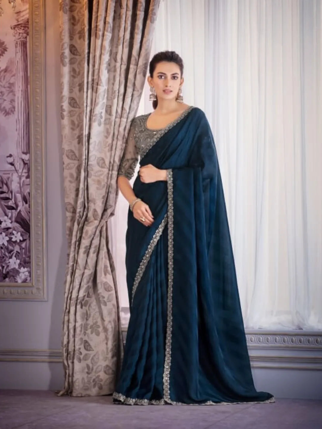 Resplendent Royal Blue Chiffon Shimmer Embroidered Saree Cheap Visa Payment