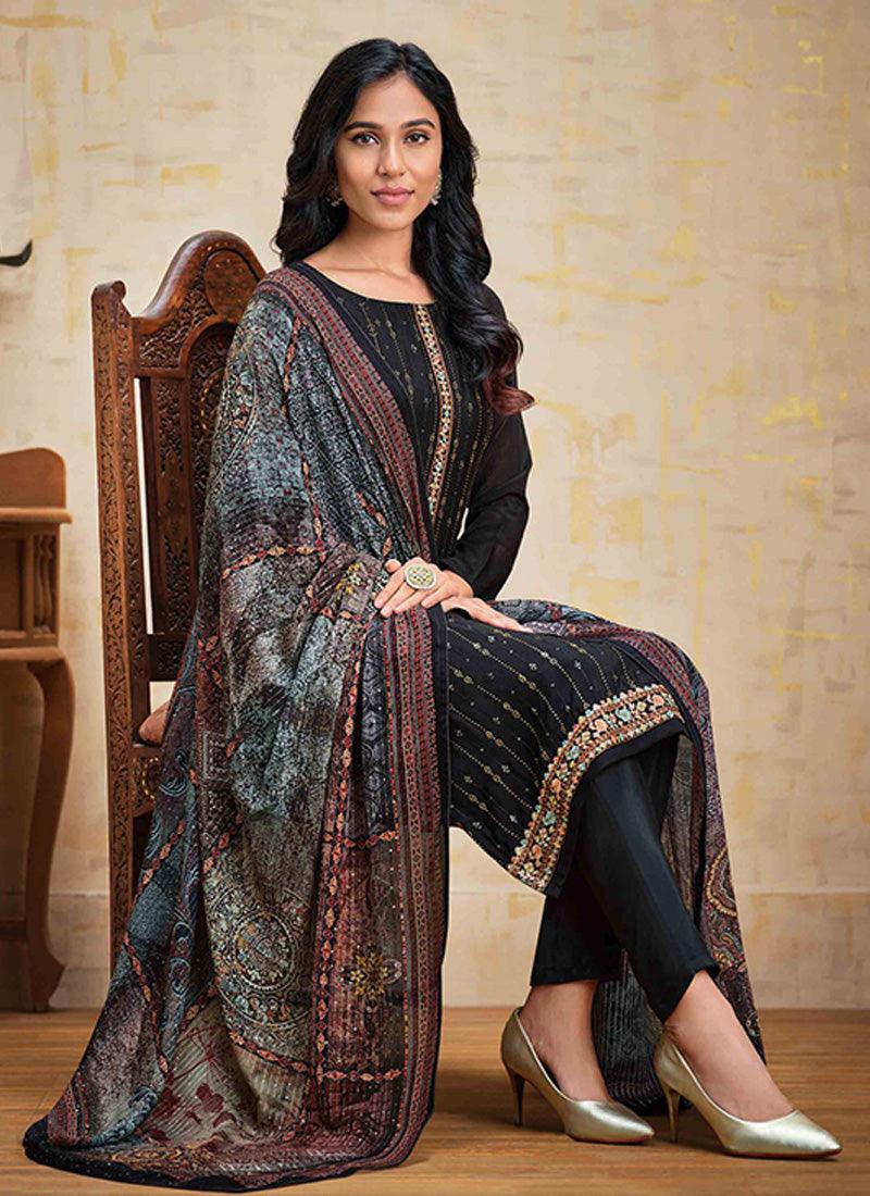 Black Color Chinnon Base Swarovski Work Salwar Suit With Matching Dupatta Cheapest Pice Sale Online