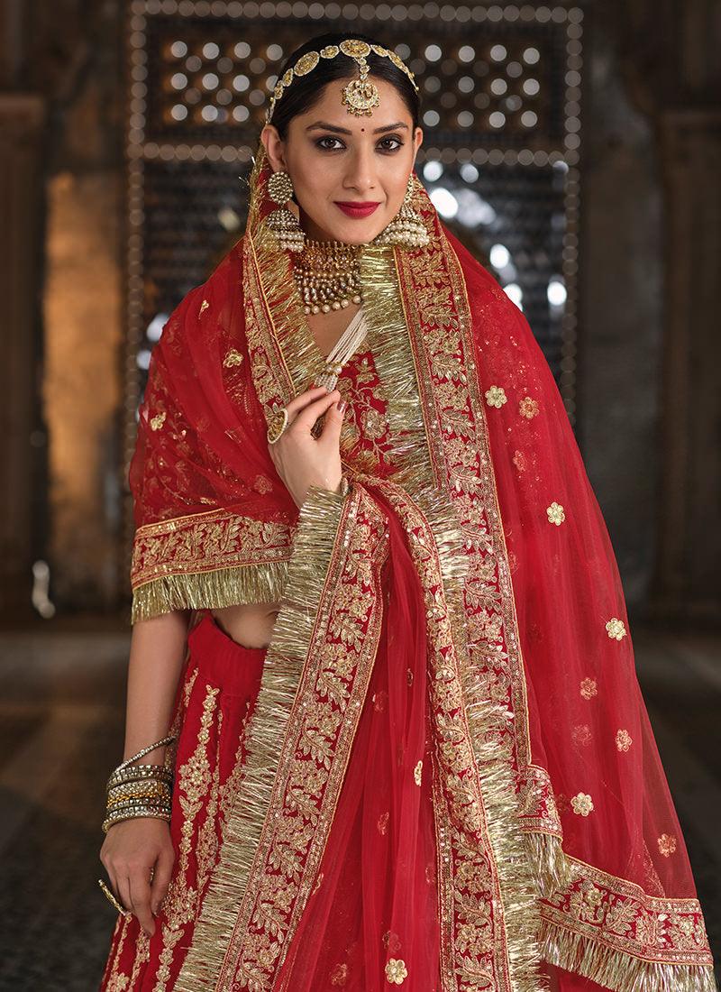 Velvet Base Red Heavy Bridal Lehenga Outlet Hot Sale