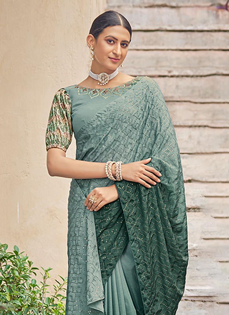 Embroidered Chinon Green Saree Discount Best Store To Get