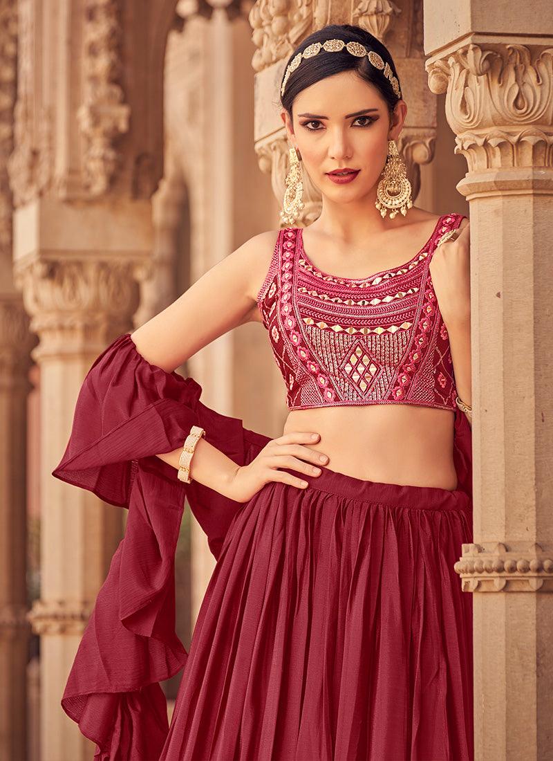 Mirror Work Choli With Maroon Ruffle Chaniya Low Pice For Sale