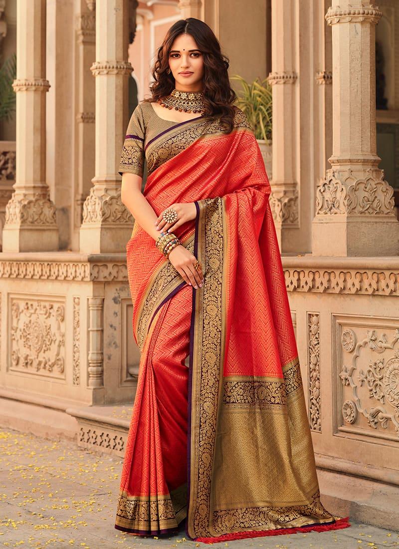 Kanjiveram Soft Silk Base Magnificent Peach Color Saree With Silk Weave Sale Supply