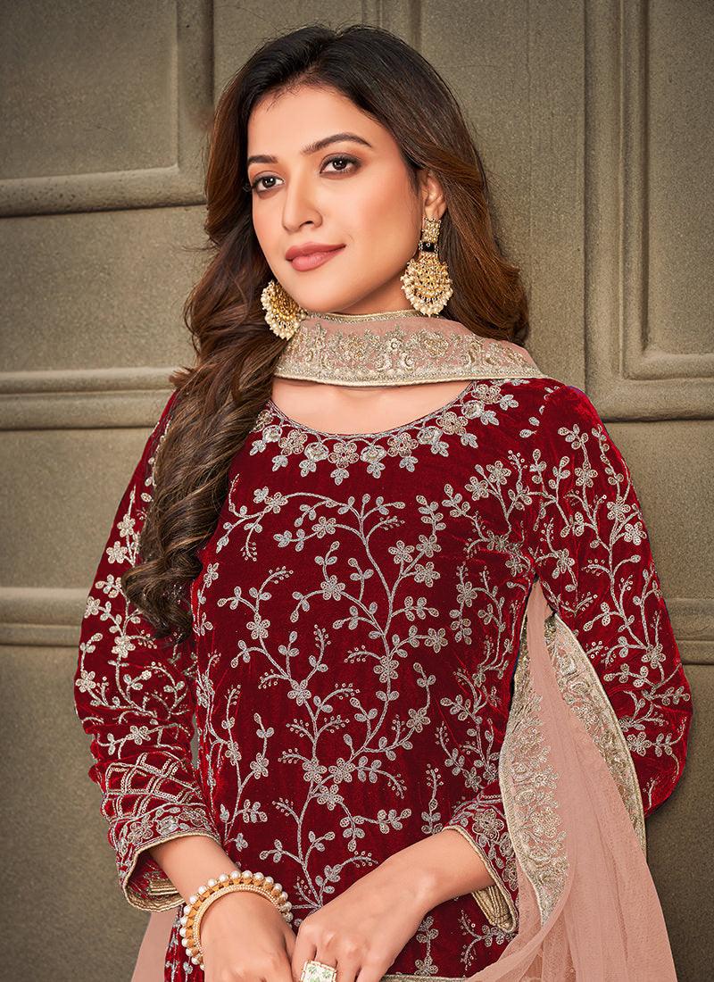 Dori Embroidery Maroon Palazzo Suit Cheap Discount Sale