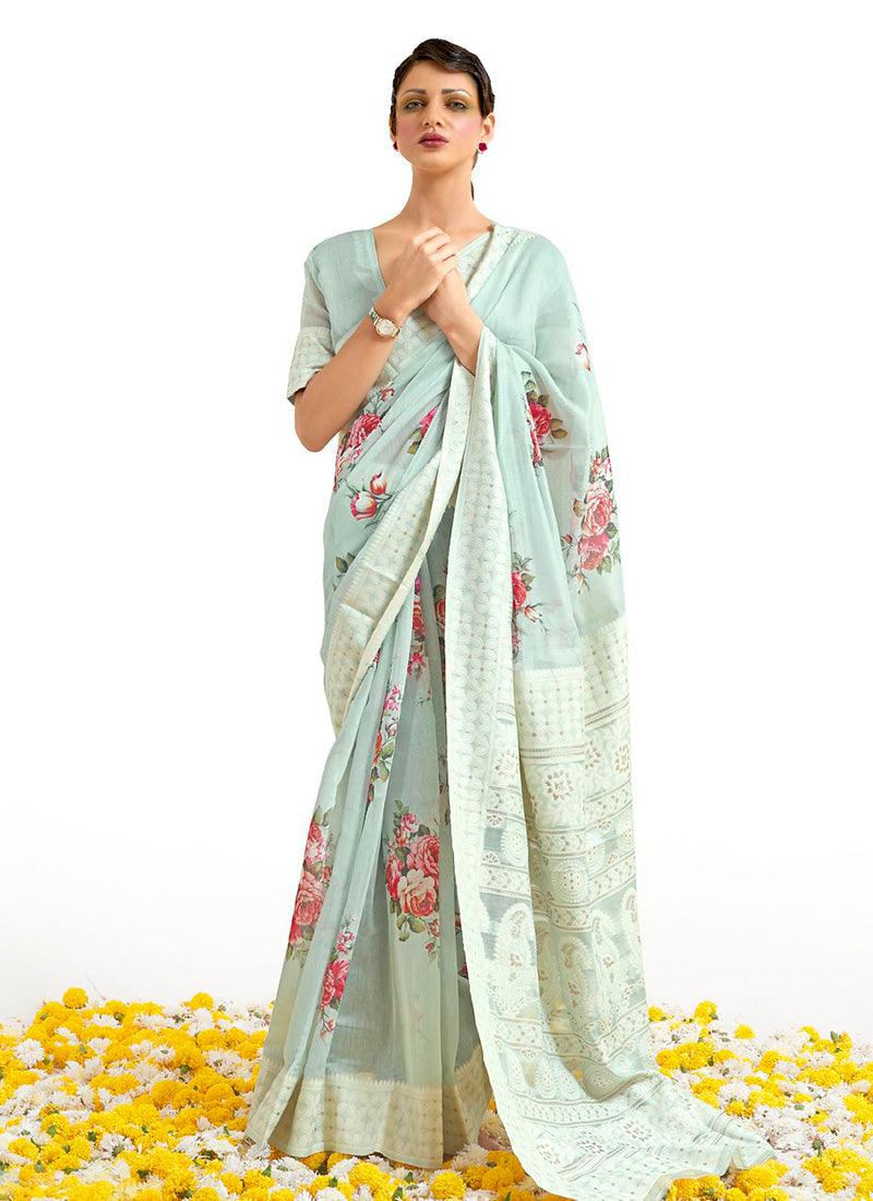 Glam Look Pale Green Color Silk Weaving Floral Print Saree Best Place To Buy