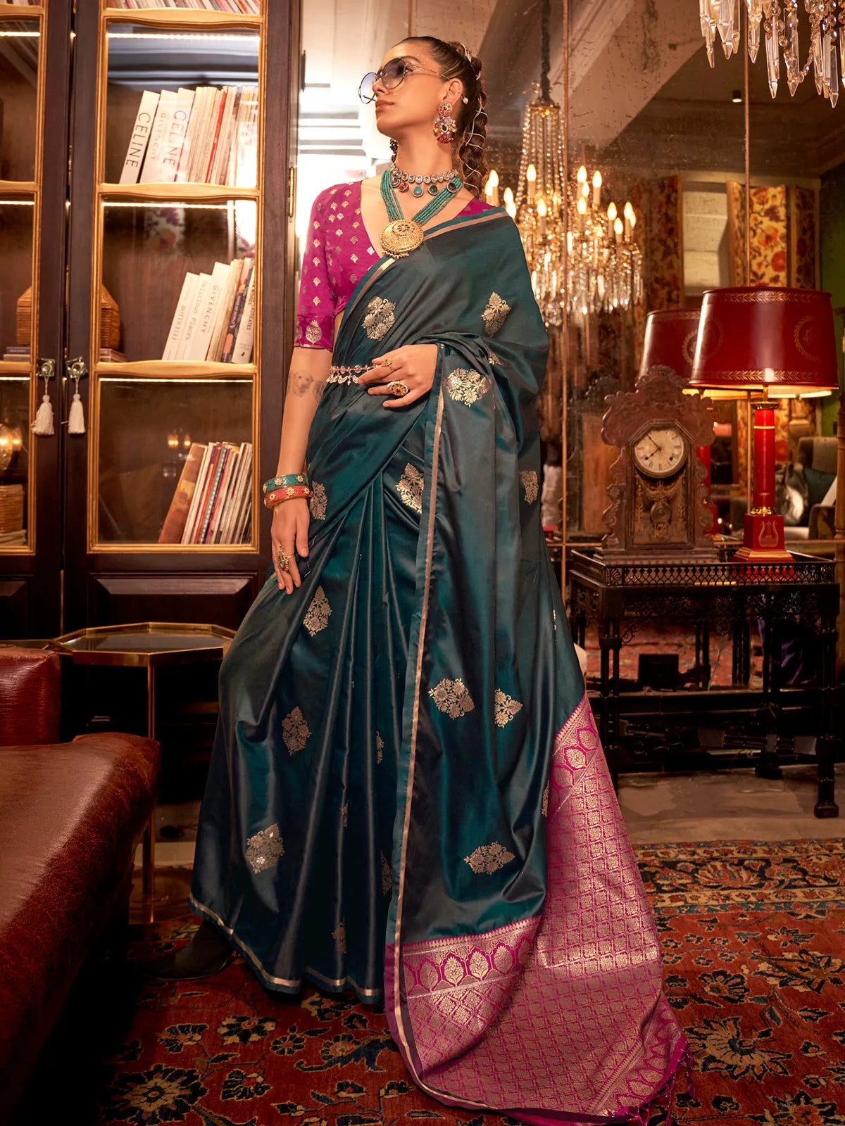 Dark Green Pure Satin Silk Designer Saree Free Shipping For Cheap