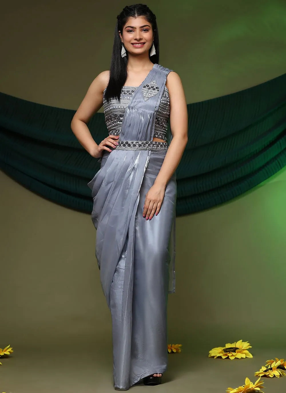 Shuttle Gray Fancy Organza Ready To Wear Saree Cheap Pice Top Quality