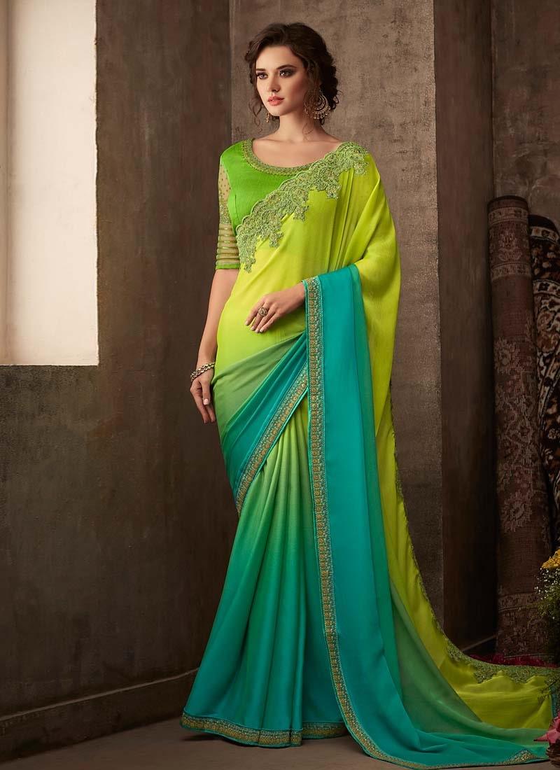 Glam Look Shaded Green Color Silk Base Heavy Work Designer Saree New Arrival For Sale