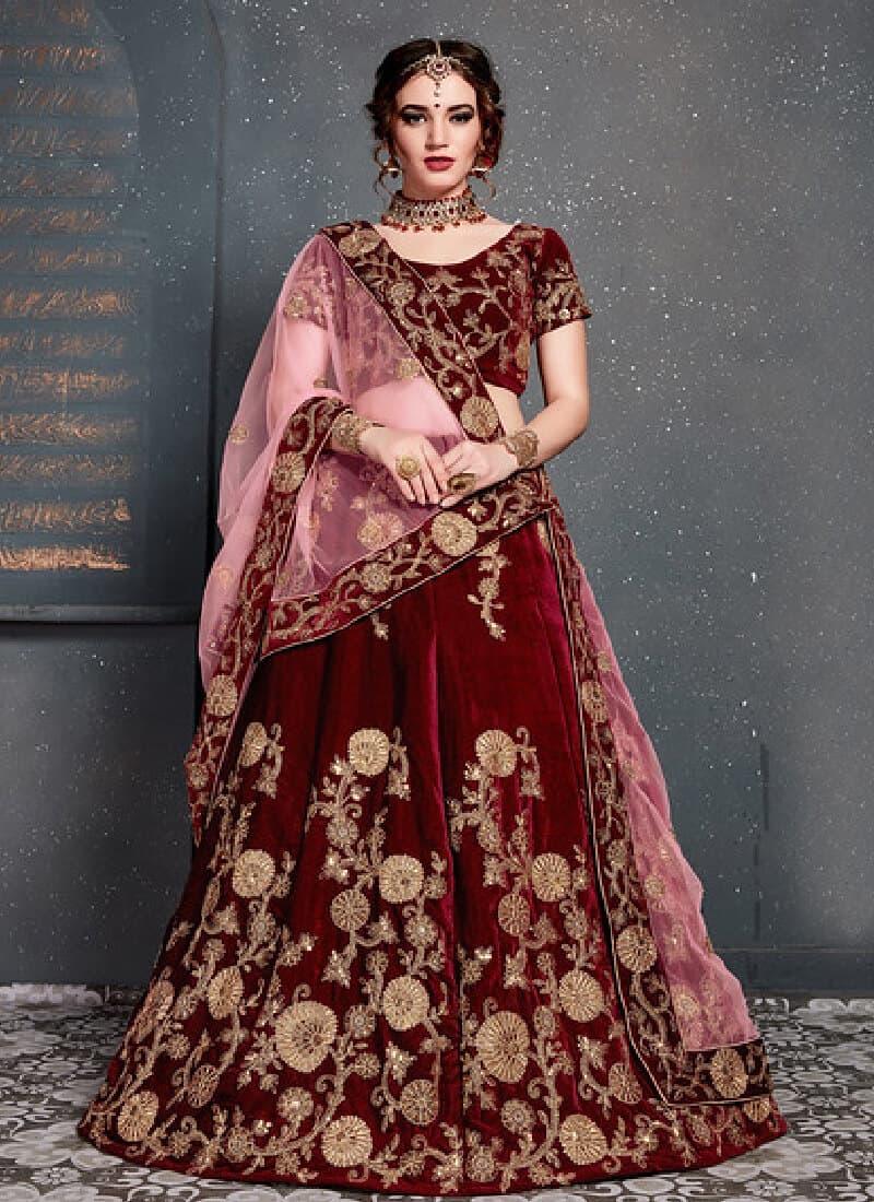 Alluring Maroon Color With Velvet Base Lehenga Choli With Paypal Free Shipping