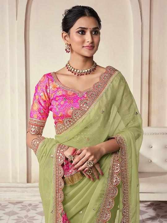 Lime green Organza Embroidered with pink Blouse Buy Cheap Visit New