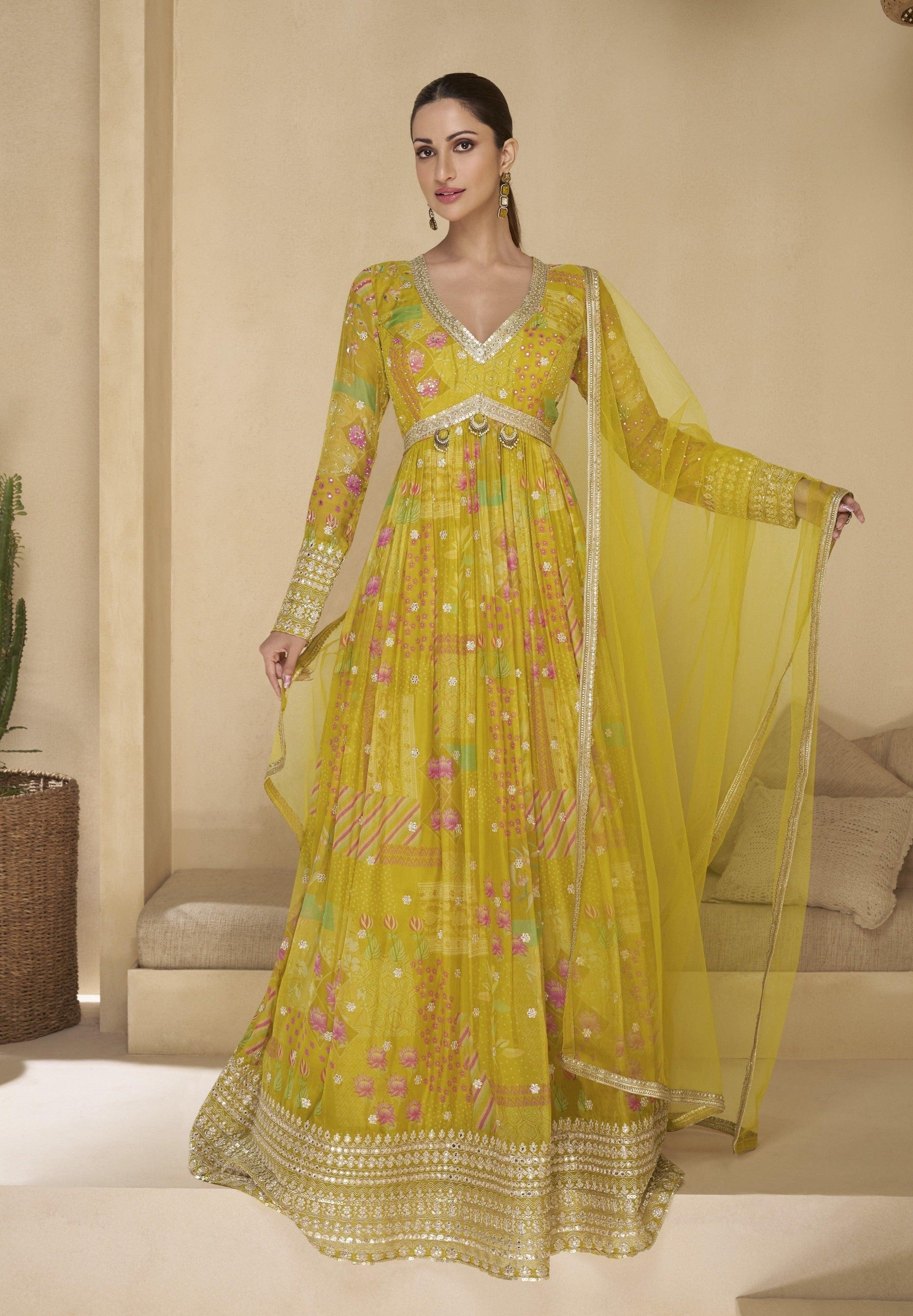 Yellow Pure Georgette Printed Embroidered Festival Wear Designer Gown Free Shipping Eastbay