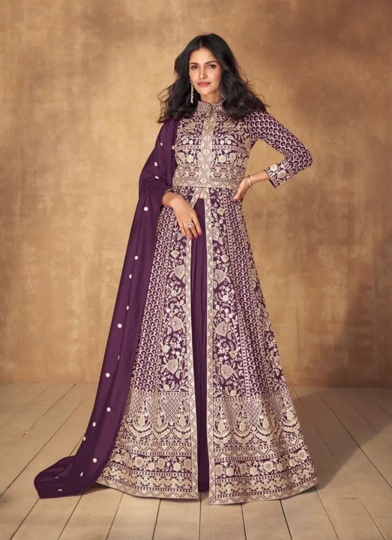 Extraordinary Embroidered Silk Anarkali Gown in Dark Purple Ebay