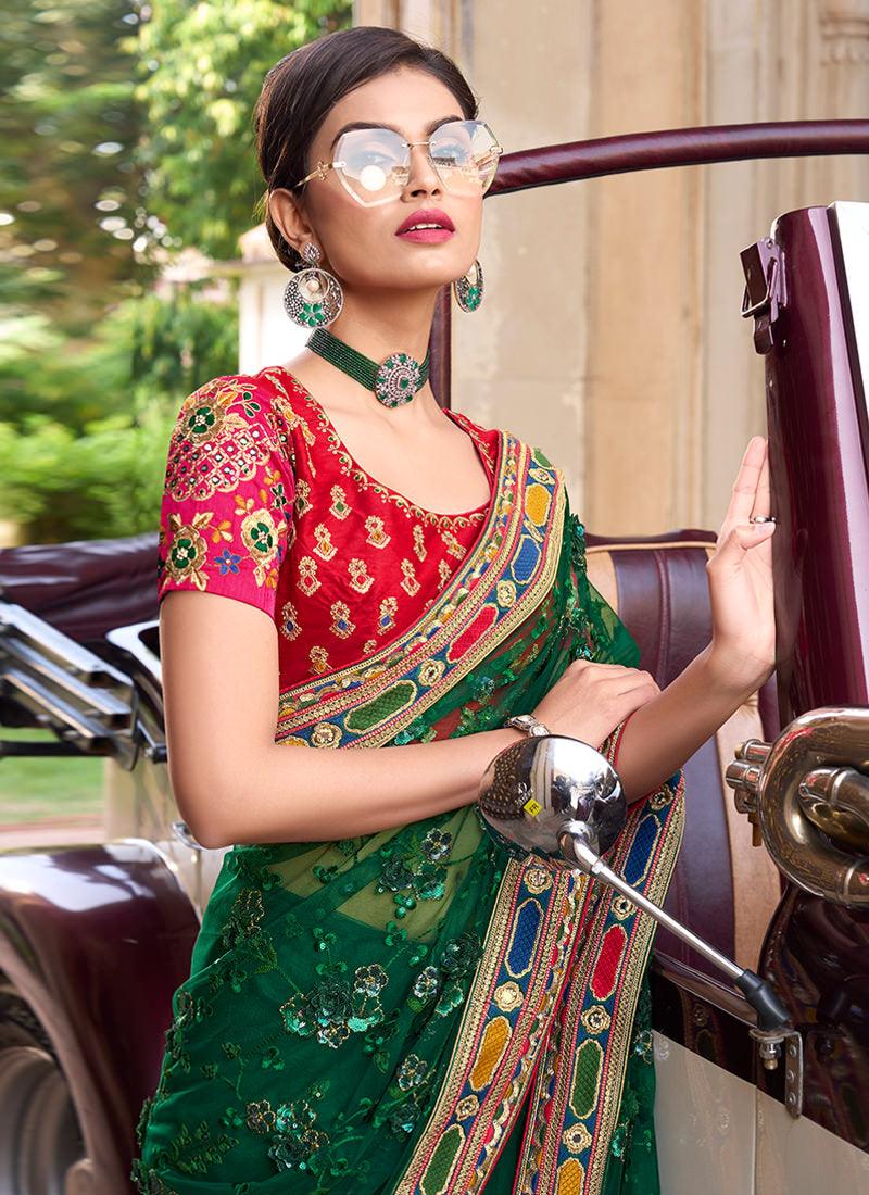 Mirror And Flower Embellished Green Net Saree High Quality Buy Online