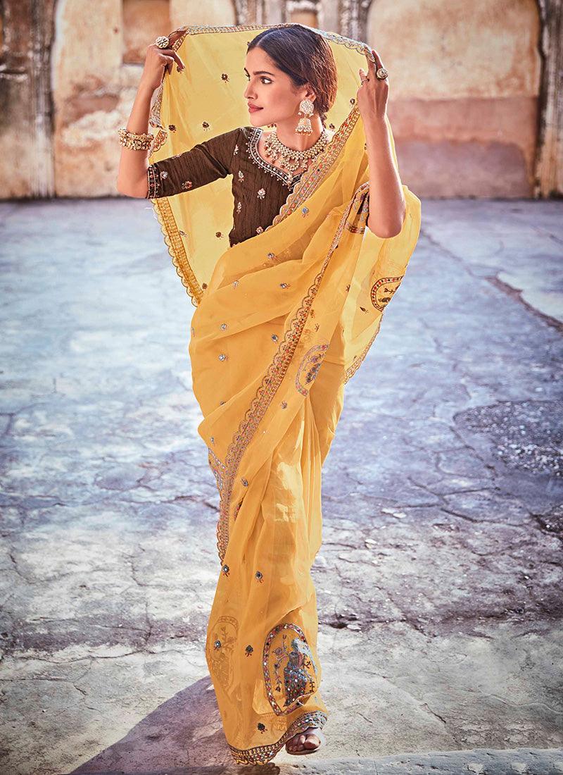 Mustard Yellow Color Organza Fabric Saree With Mirror Work Limited Edition Online