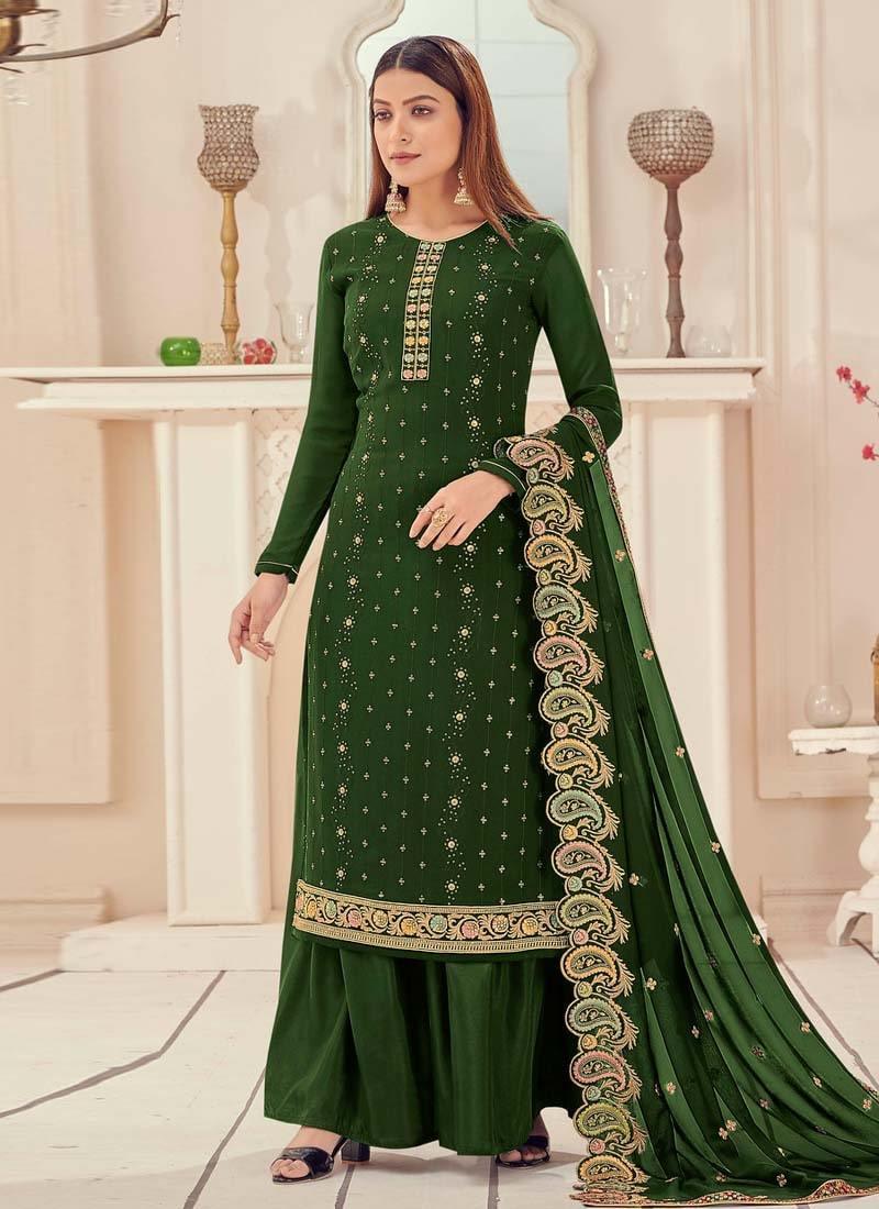 Stone And Sequins Work Forest Green Palazzo Salwar Suit Clearance Manchester Great Sale