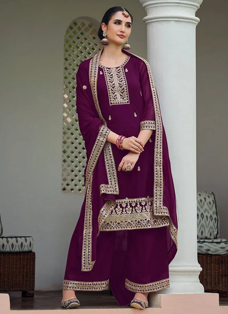 Marvelous Deep Wine Embroidered Georgette Palazzo Suit Cheap Sale Popular