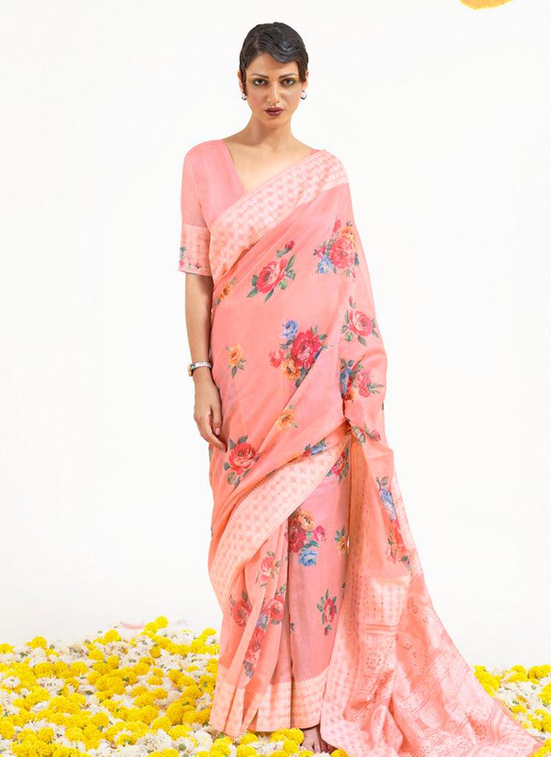 Sumptuous Look Peach Color Floral Print Saree With Silk Weaving Clearance Amazing Pice