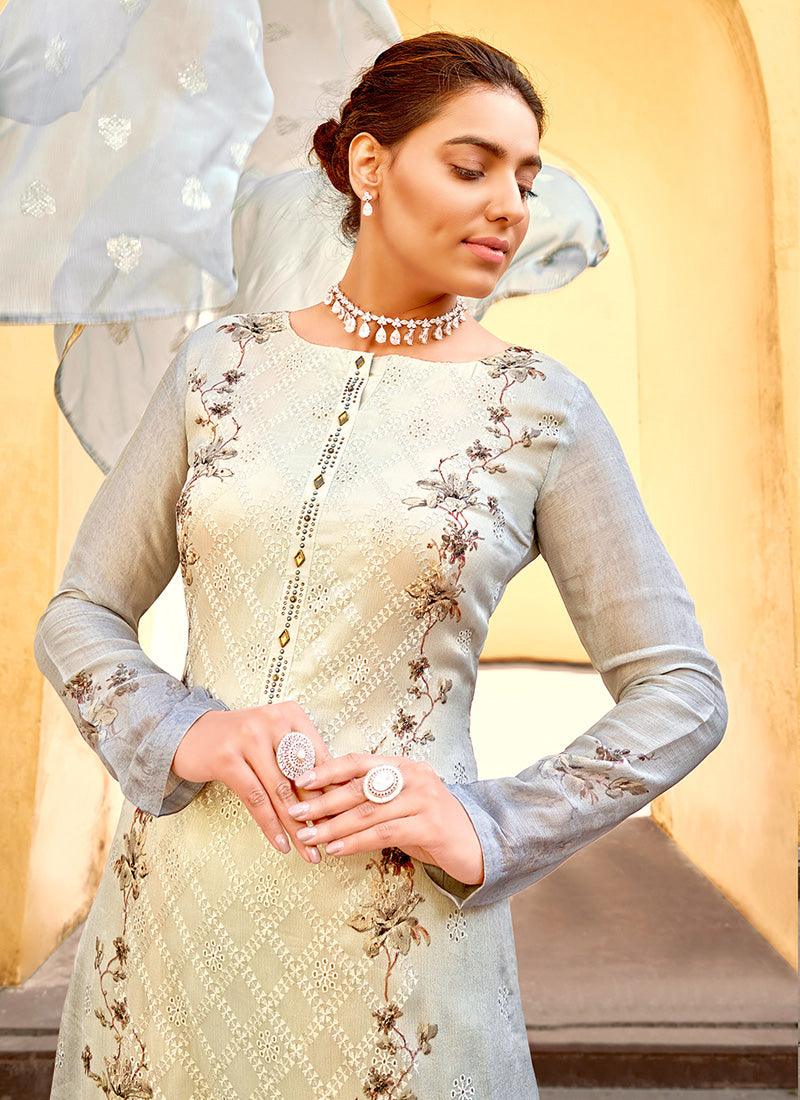 Grey Color Art Silk Base Resham Work Printed Pant Style Suit Discount Outlet Locations