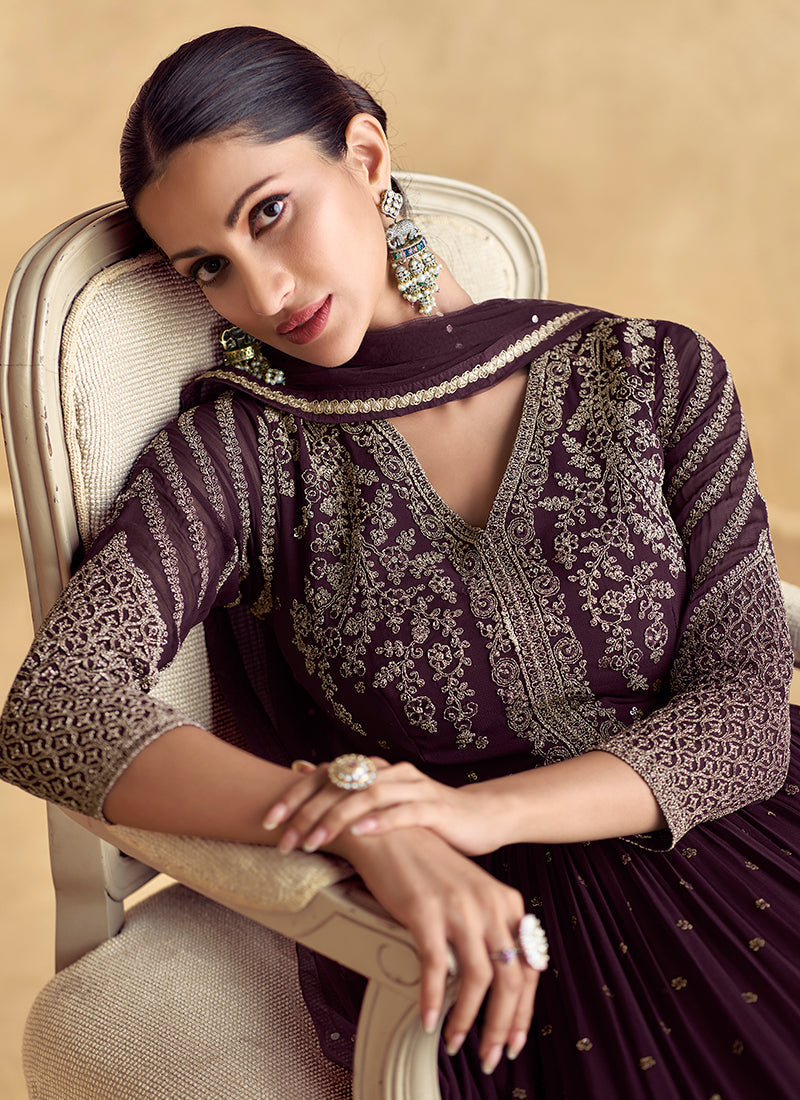 Beautiful Deep Purple Embroidered Georgette Anarkali Gown Discounts