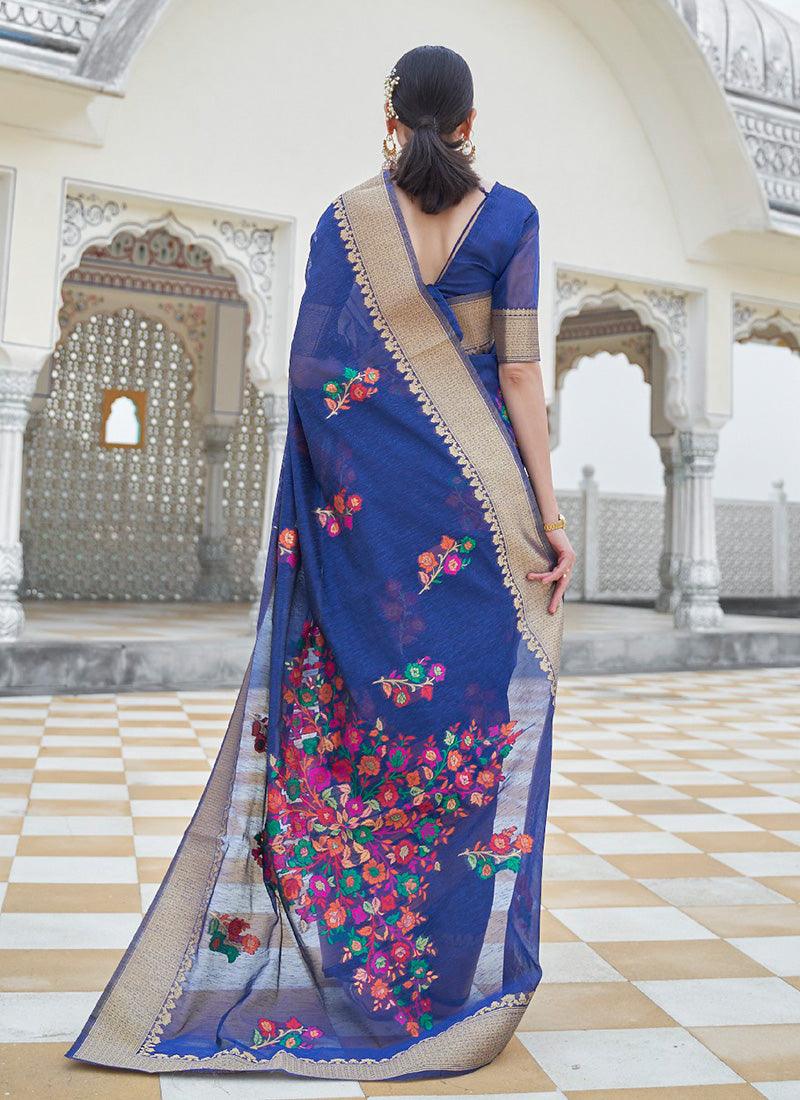 Gorgeous Look Royal Blue Color Linen Material Silk Weave Embroidered Saree Discount Cost