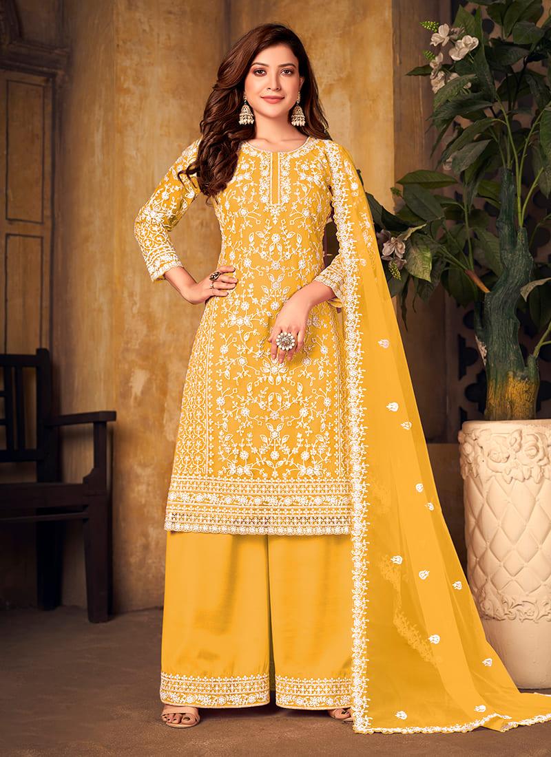 Yellow Color Embroidered Top Palazzo Dress Online For Sale