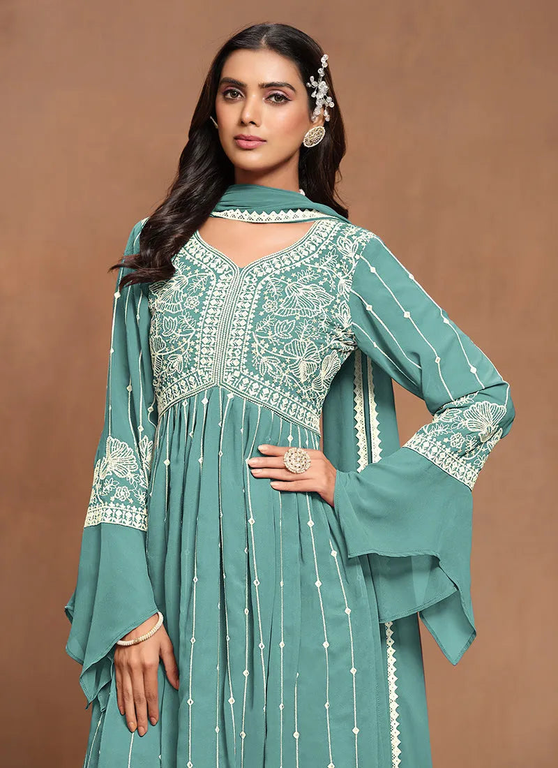 Extraordinary Aqua Blue White Embroidered Kurta Palazzo Suit Clearance Huge Surprise