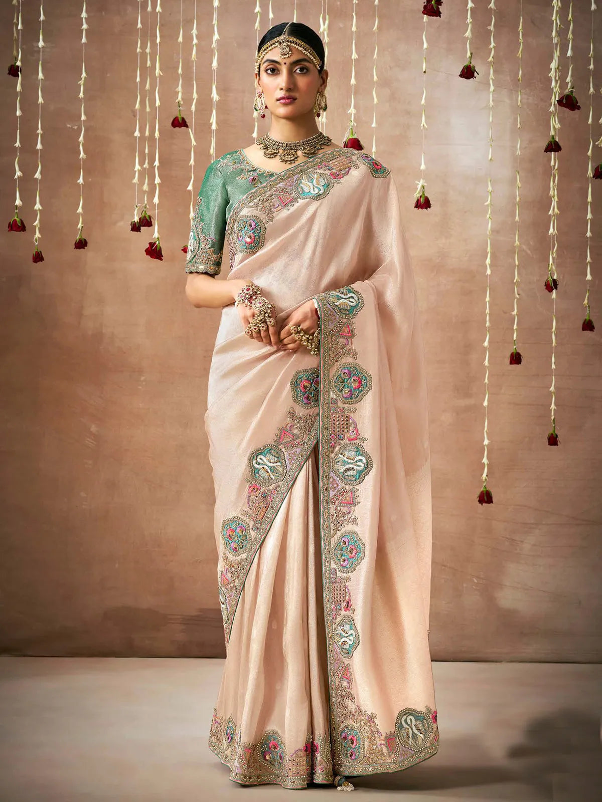 Captivating Cream Designer Silk Saree With Heavy Embroidered Work Cheap Excellent