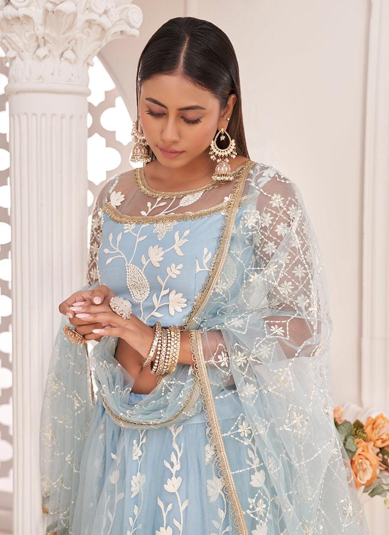 Embroidered Ice Blue Soft Net Lehenga Outlet Largest Supplier