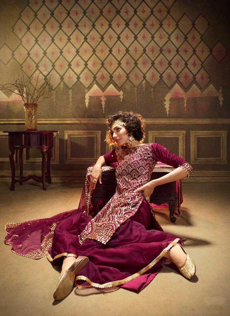 Wine Soft Net And Sequins Sharara Salwar Suit Eastbay Online