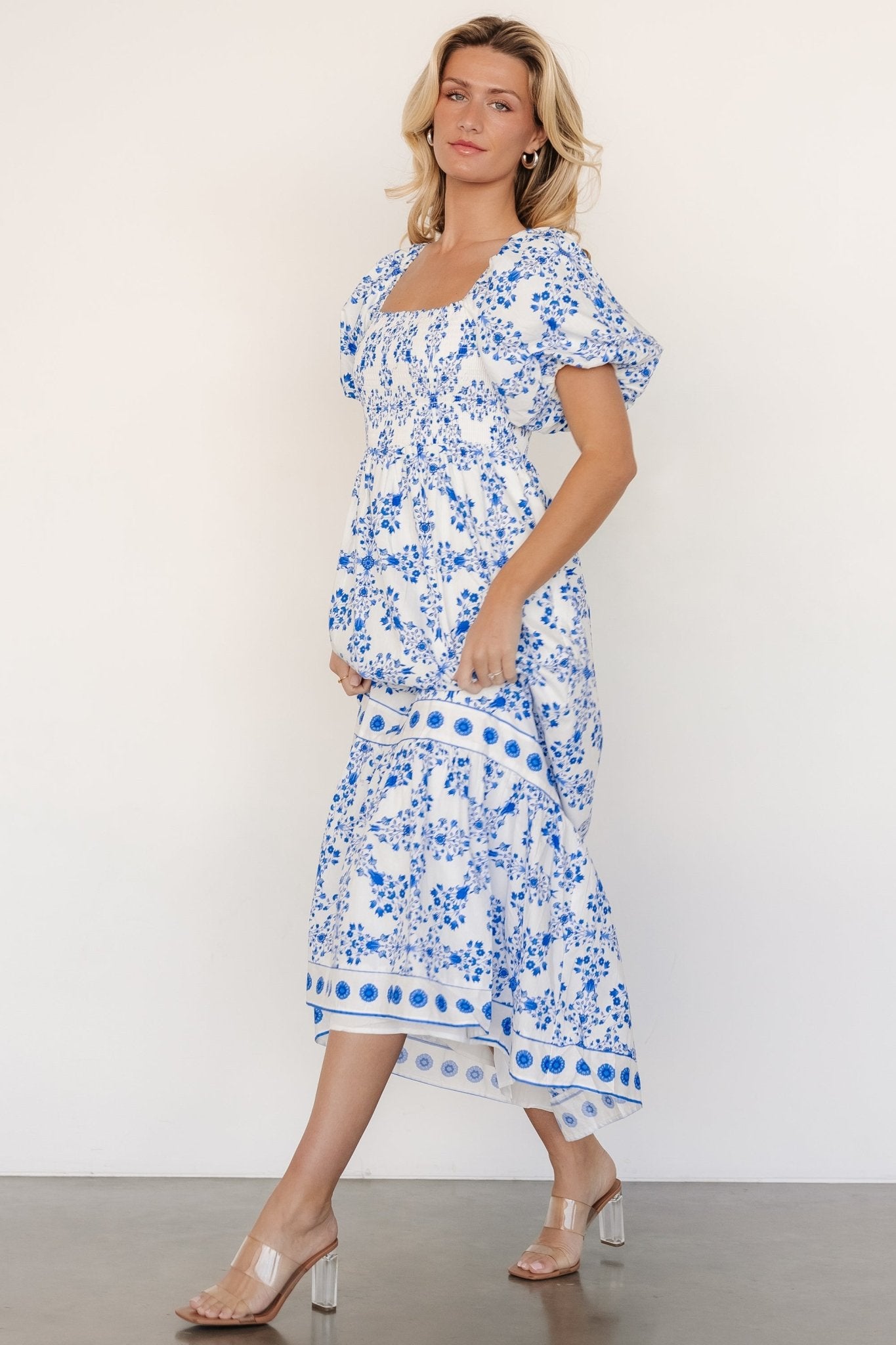 Lexa Smocked Maxi Dress | Off White + Blue Floral Clearance Outlet