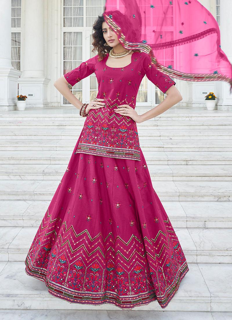 Chiffon Base Pink Long Top With Lehenga Cheap Sale Free Shipping