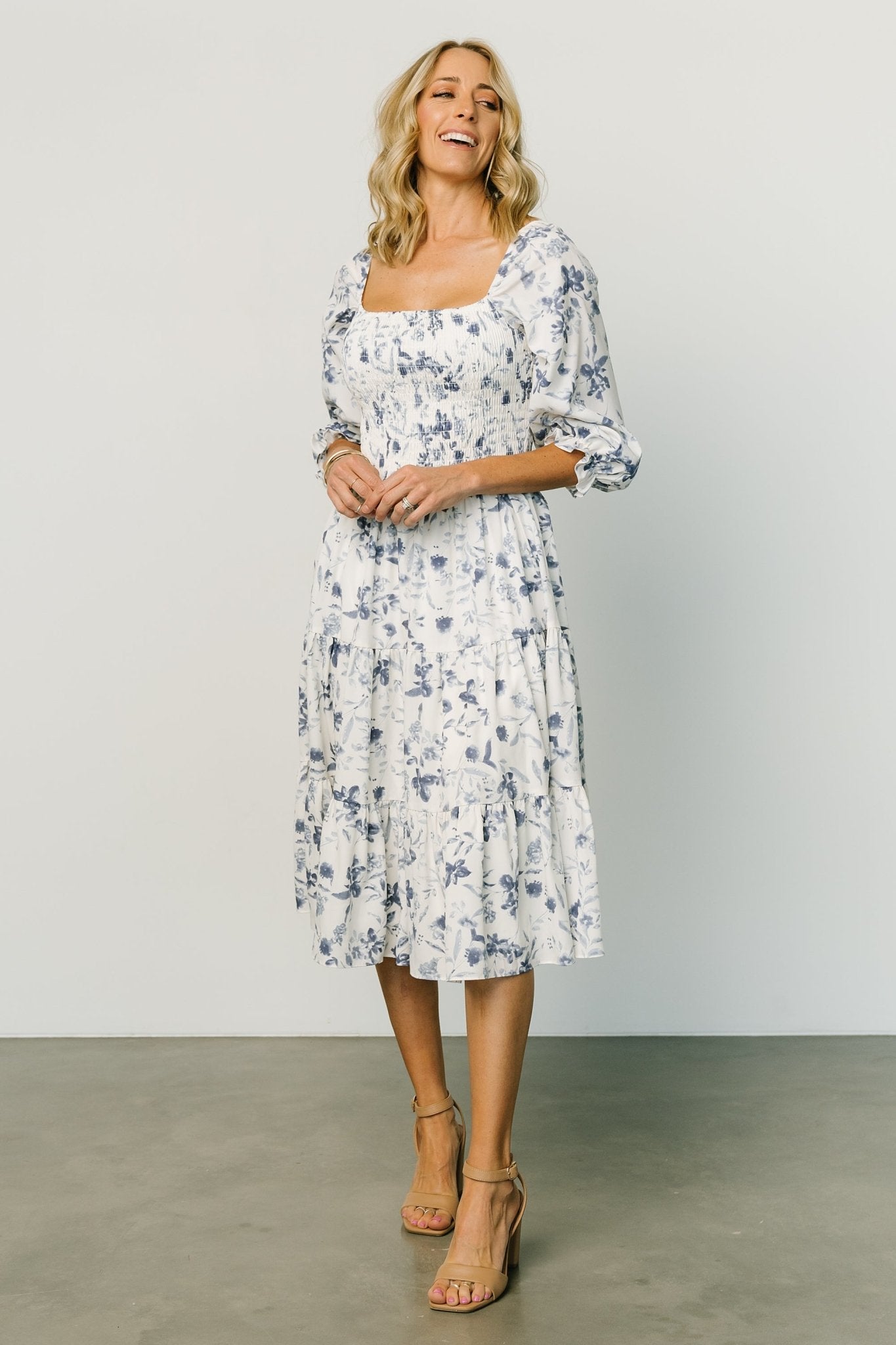 Marta Smocked Midi Dress | White + Blue 2025 Newest Online