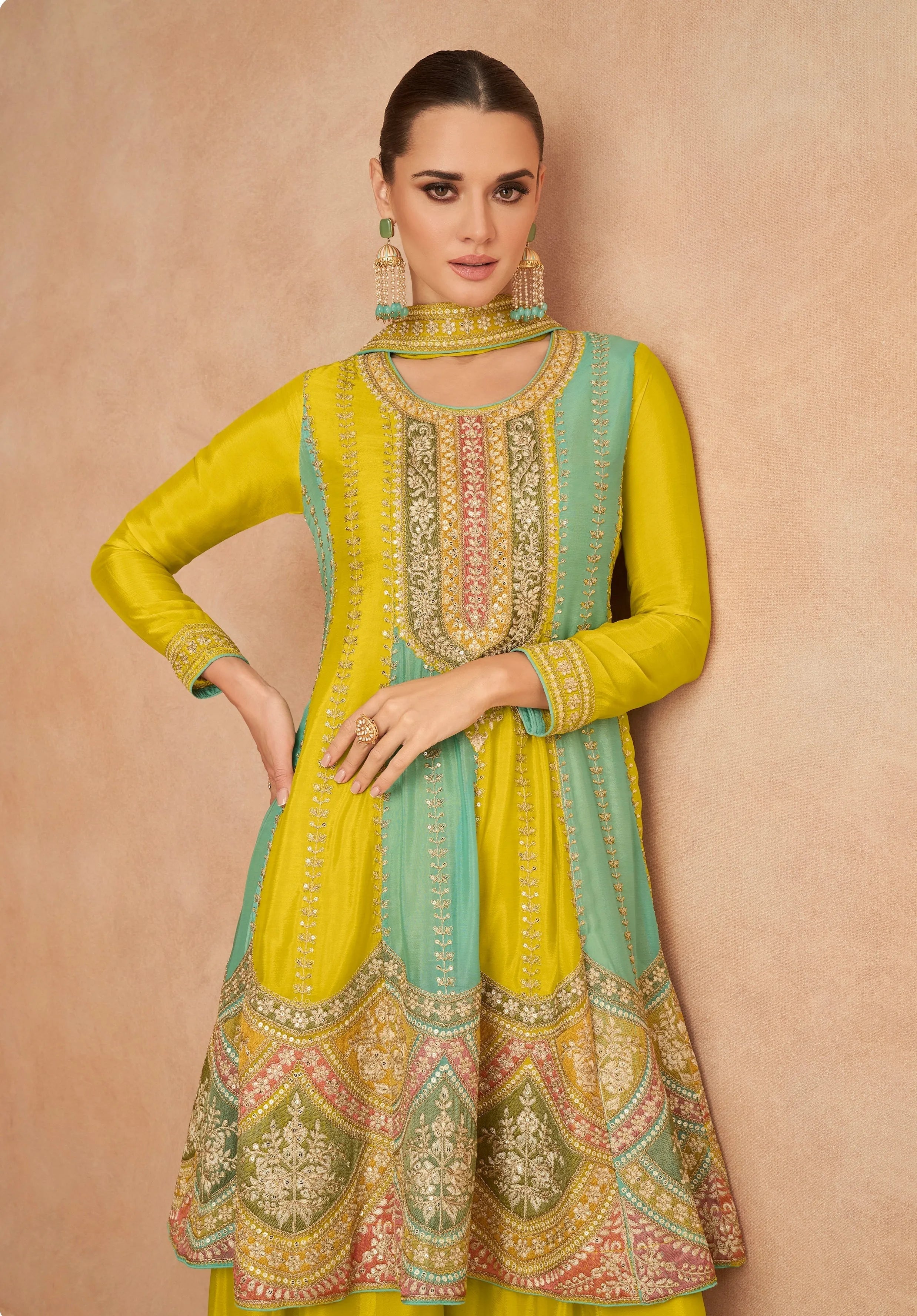 Glorious Yellow Embroidered Chinon Palazzo Set Low Pice Fee Shipping