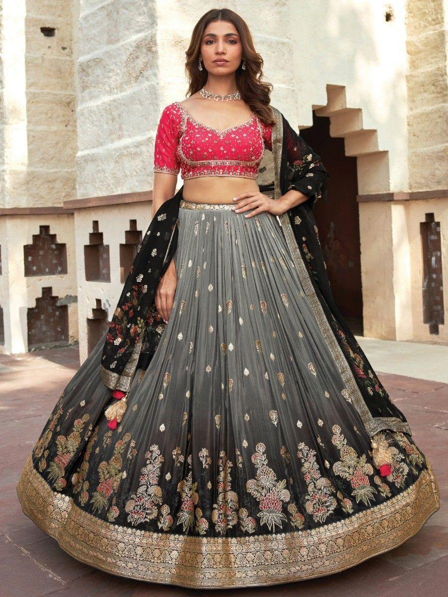 Amazing Grey Zari Woven Silk Wedding Wear Designer Lehenga Choli Websites Online