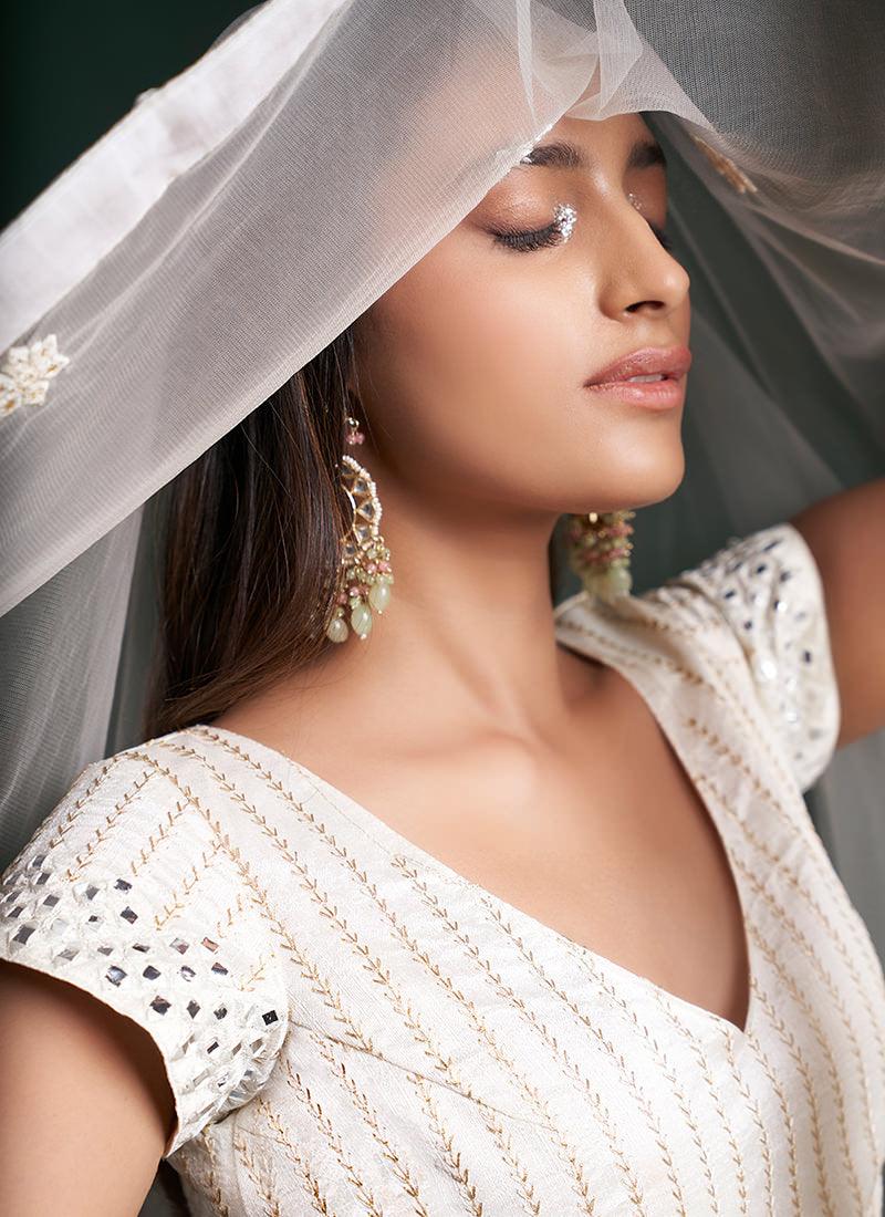 Deep V-Neck White Wedding Lehenga View