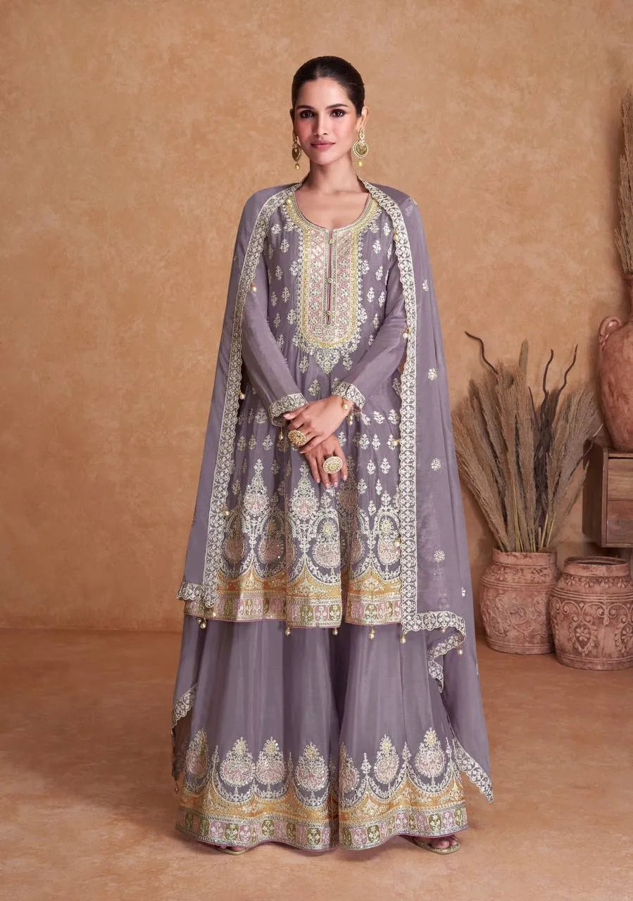 Lustrous Lavender Georgette Embroidered Sharara Suit Pay With Paypal Online