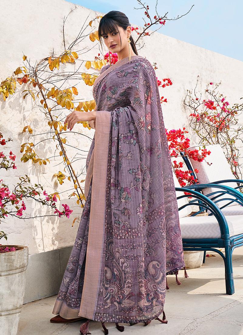 Linen Fabric Lavender Printed Floral Saree Cheap Sale Best Wholesale