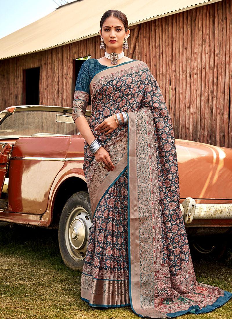 Teal Blue Digital Print Traditional Saree Clearance Websites