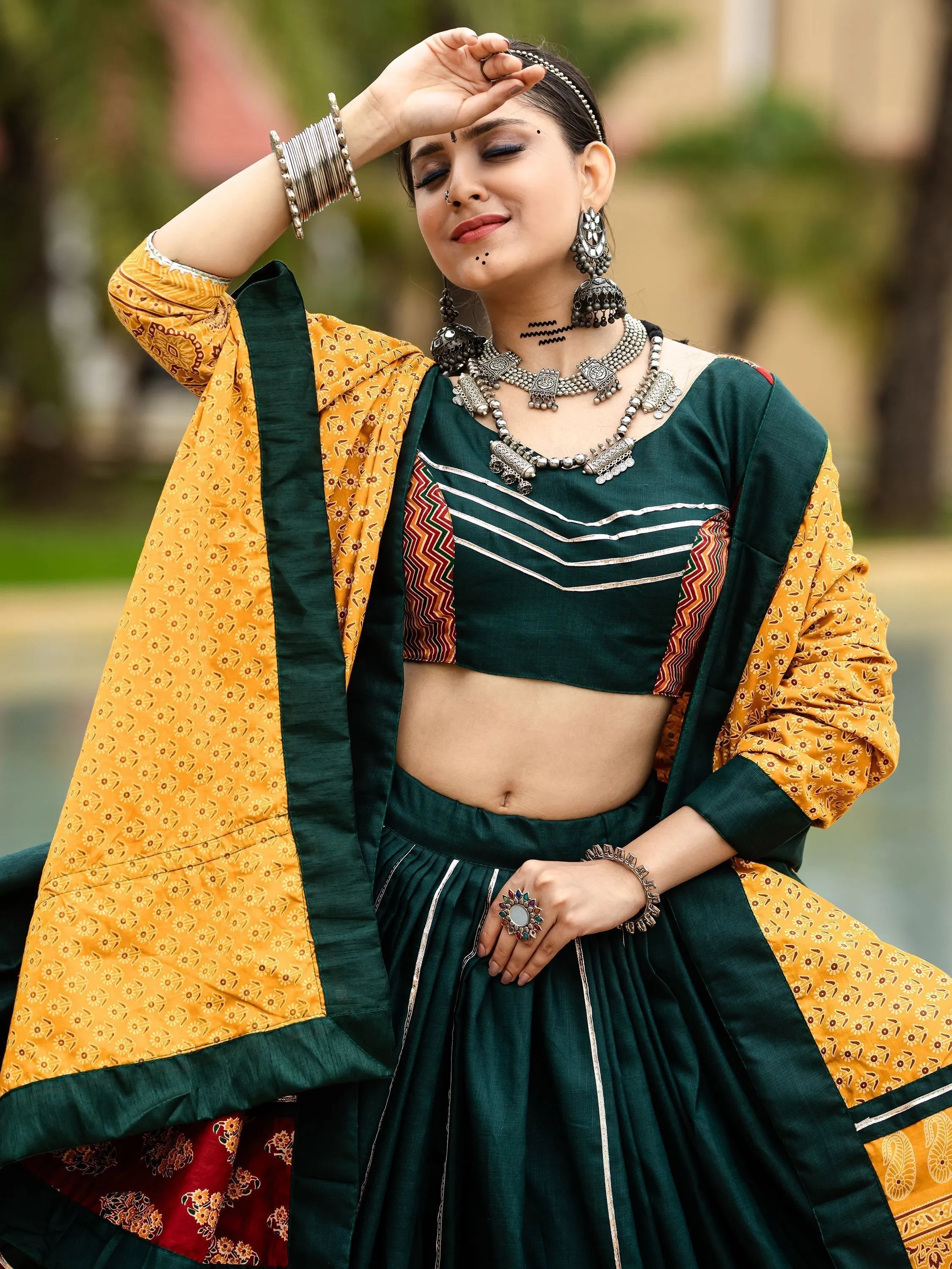 Dark Green Cotton Flared Rajwadi Navratri  Lehenga Choli Discount Ebay