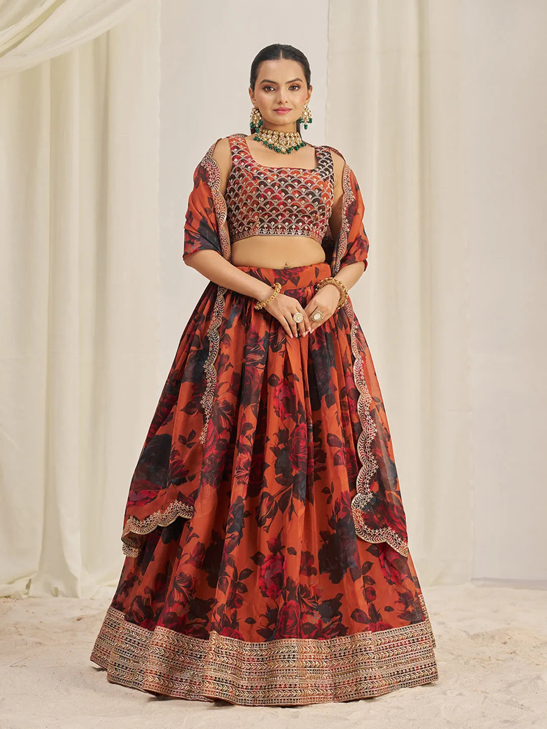 Orange Organza Zari Dori Sequins Floral Lehenga Choli Set Discount 2025 Unisex