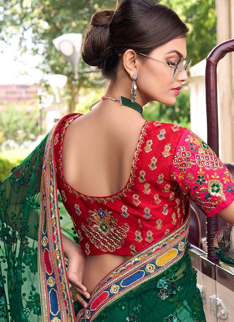 Mirror And Flower Embellished Green Net Saree High Quality Buy Online