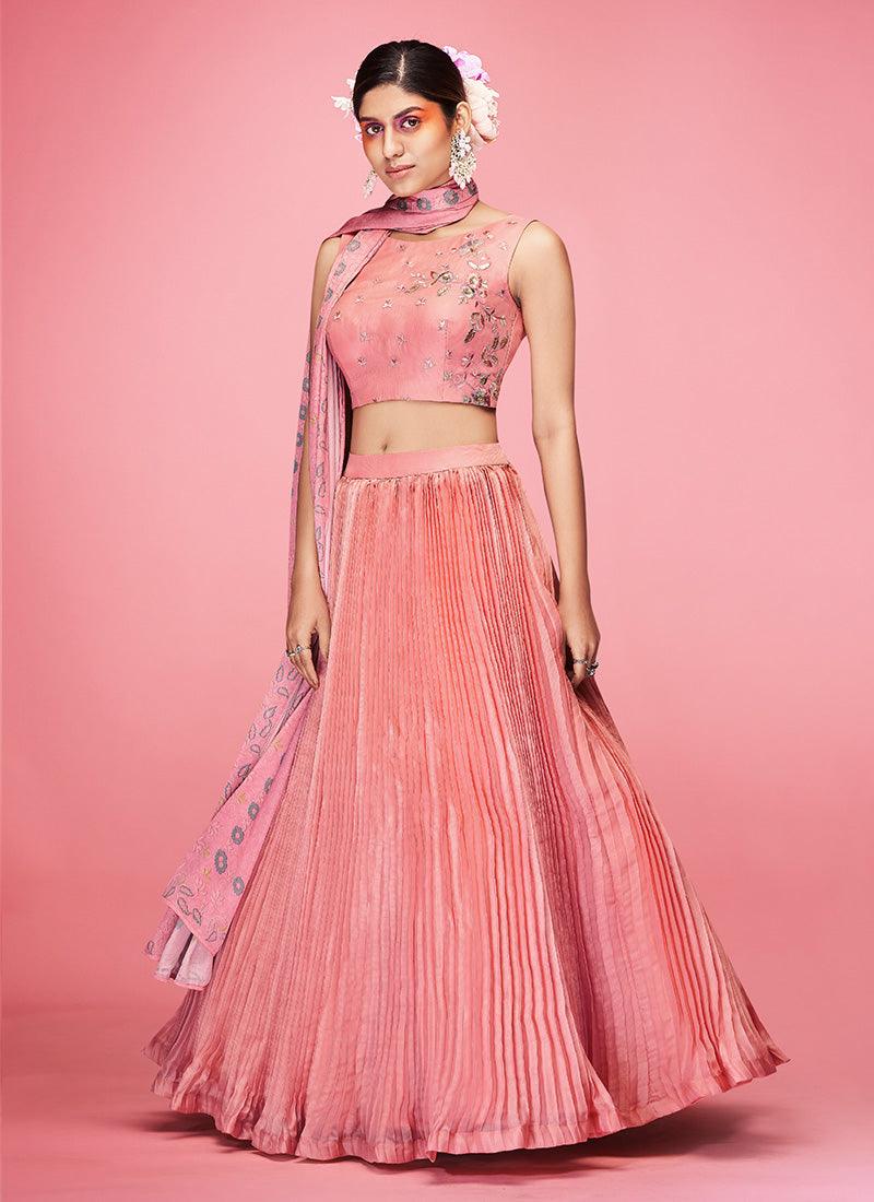 Boat Neck Peach Crushed Lehenga Choli Online For Sale