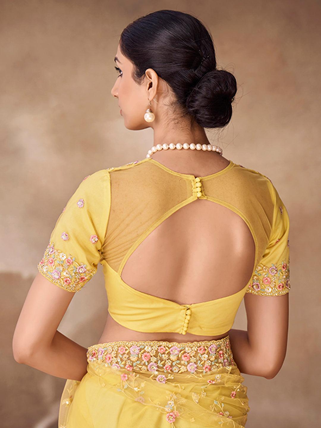 Yellow Net base embroidered and zarkan work saree With Credit Card Free Shipping