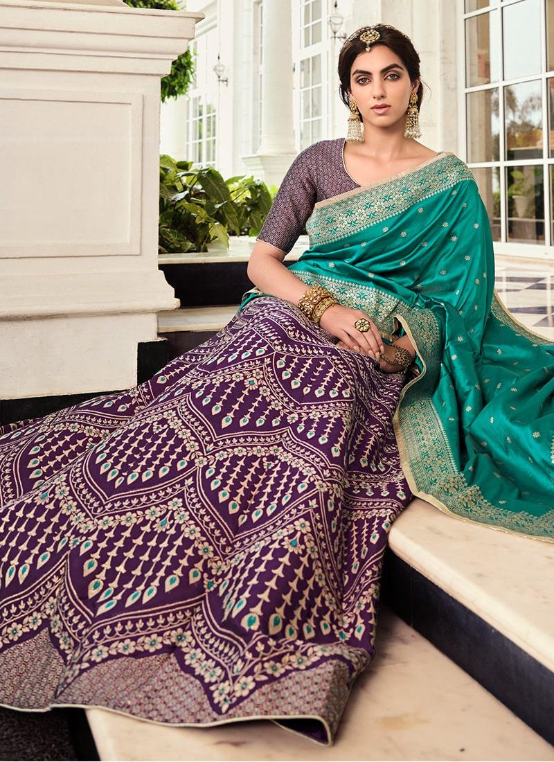 Digital Print Teal Color Silk Fabric Banarasi Lehenga With Contrast Dupatta With Paypal Online