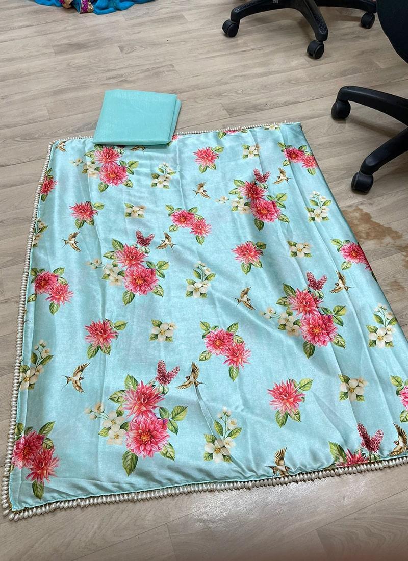 Turquoise Color Satin Material V-Neck Blouse Printed Saree Online