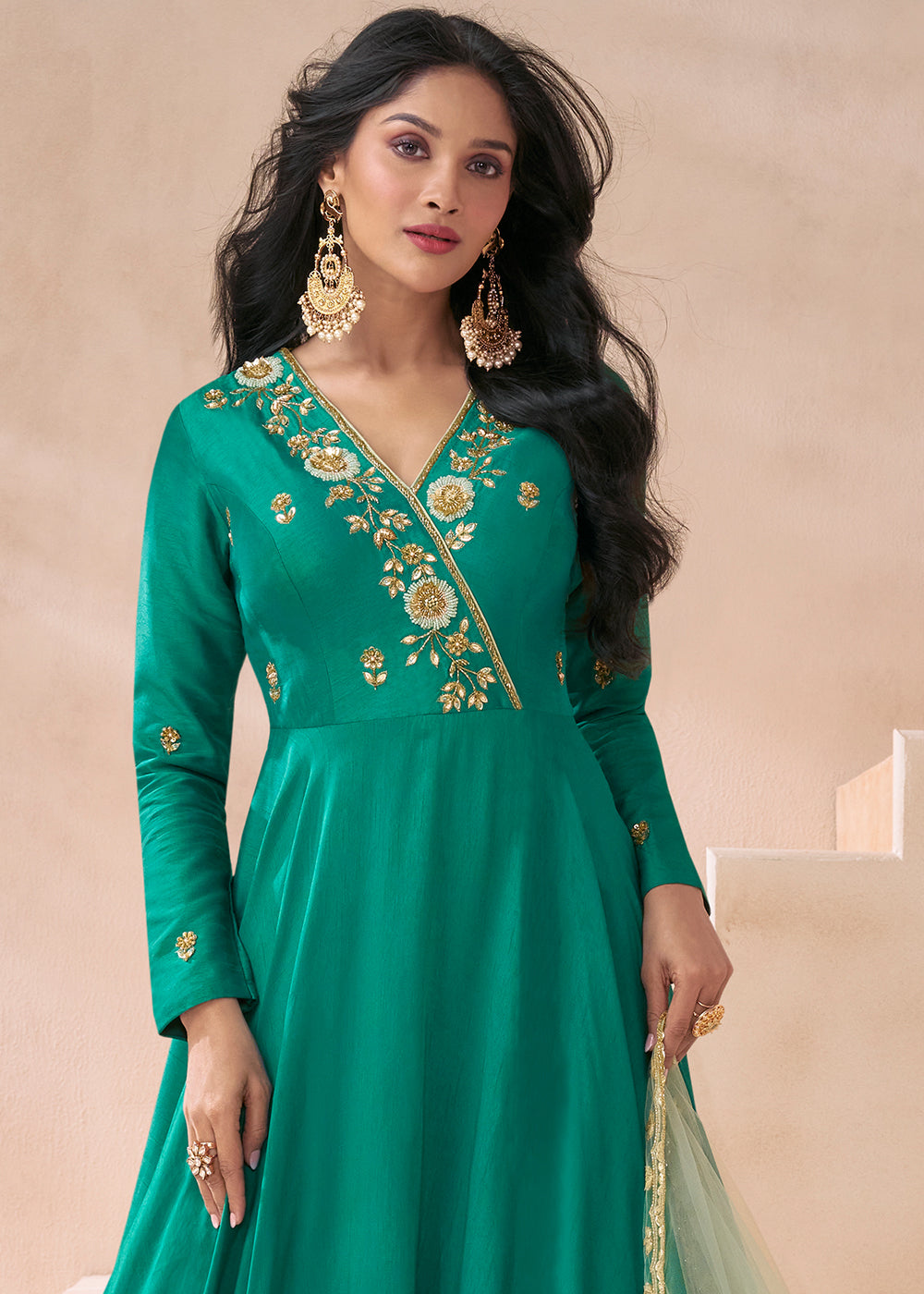 Elegant Cyan Green Pure Silk Embroidered Anarkali Suit Newest Online