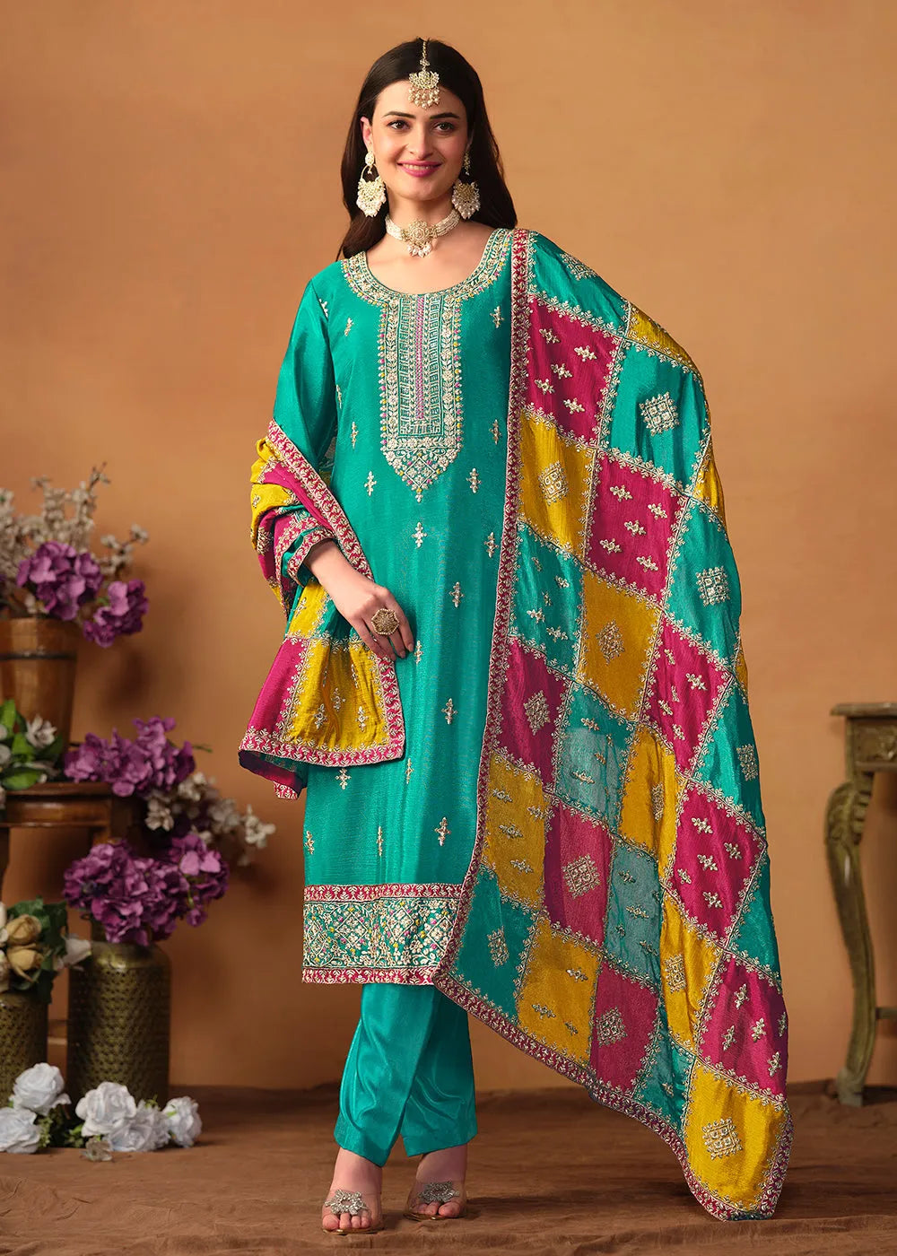 Glowing and Dazzling Chinon Silk Turquoise Salwar Suit Official Cheap Online