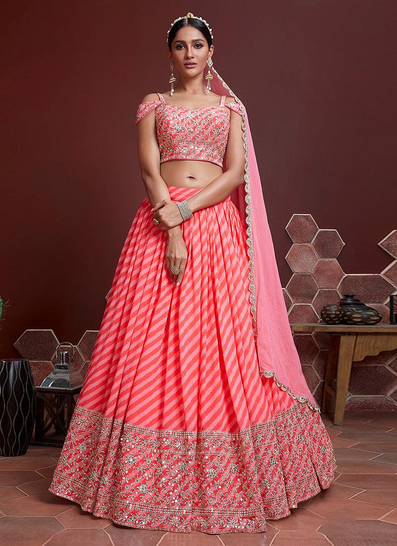 Striped Pattern Flared Peach Lehenga Choli From China For Sale