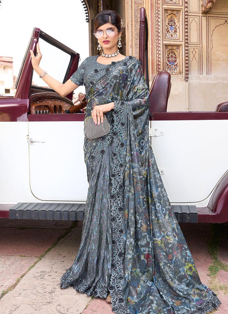 Digital Print And Moti Embellished Grey Net Saree Original Cheap Pice