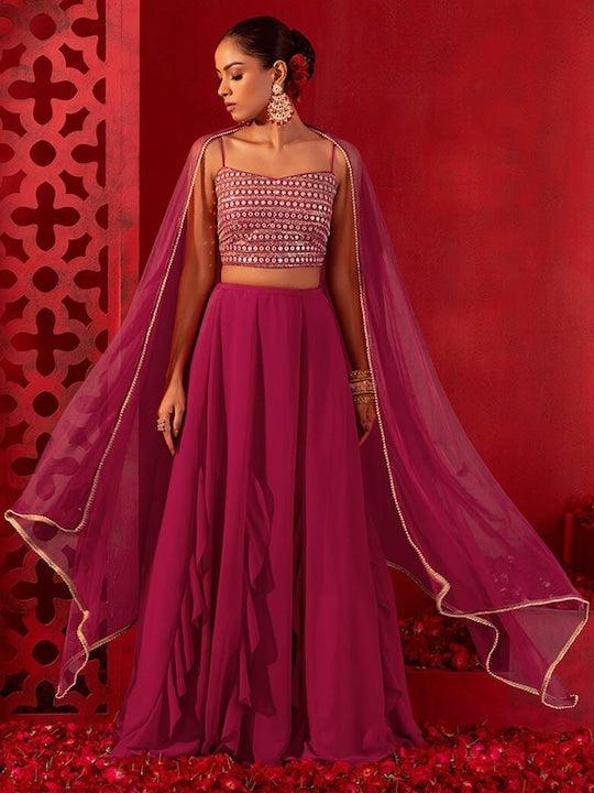 Rani Pink Georgette Mirror Work Flared Lehenga Choli Sale Cheapest